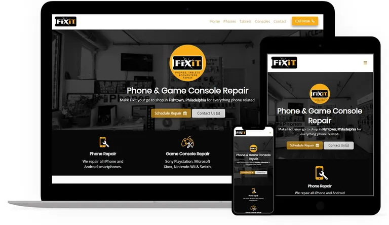 Fixit Fishtown website shown on desktop, tablet and phone.