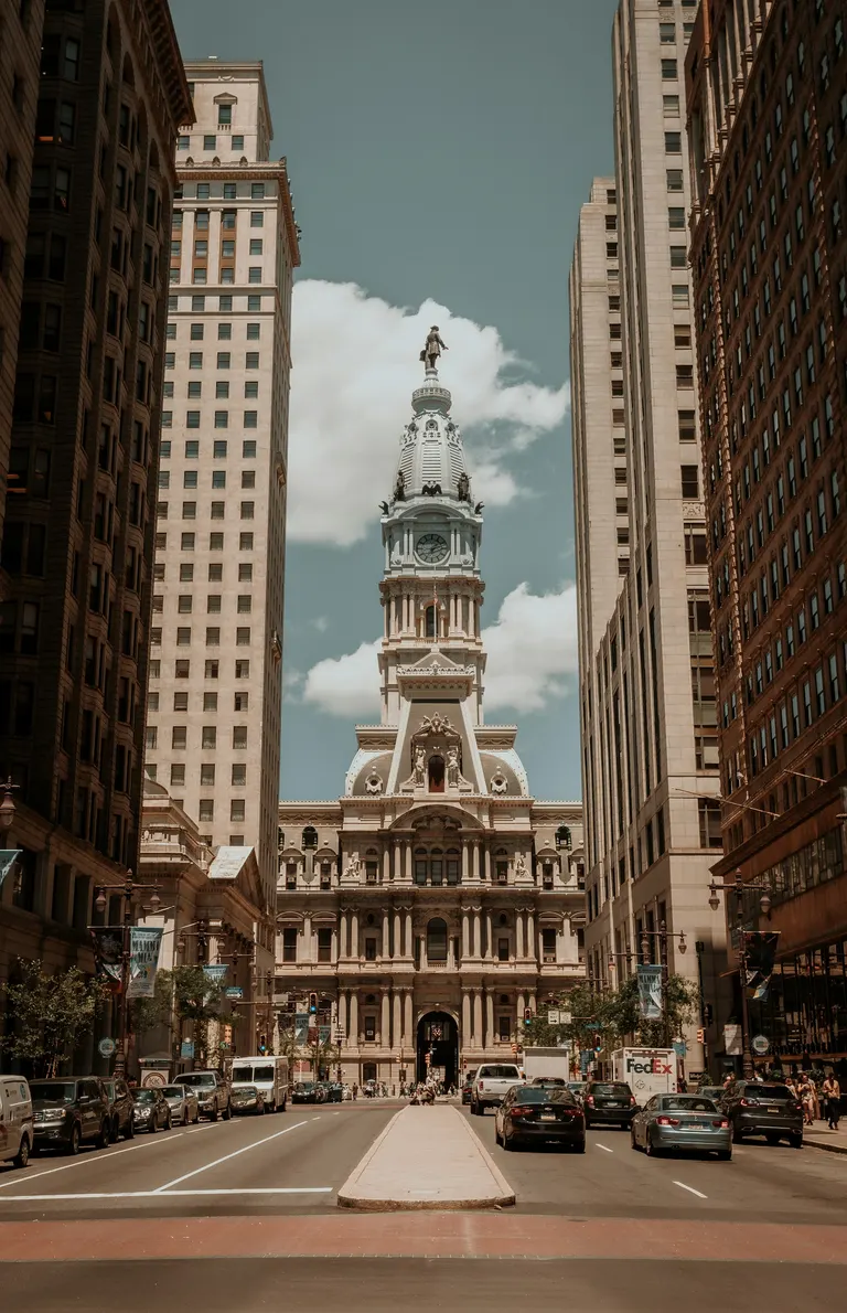 Philadelphia City Hall framed by the surrounding streets.