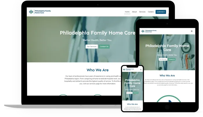 Philadelphia Family Home Care website design shown across three devices.