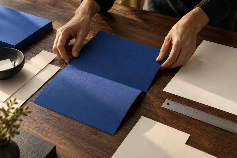 Anonymous hands arranging unprinted blue and ivory paper on a walnut worktable.