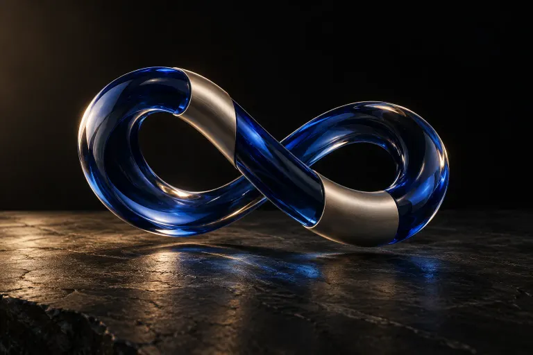 A cobalt-blue glass and metal loop sculpture on a dark surface.