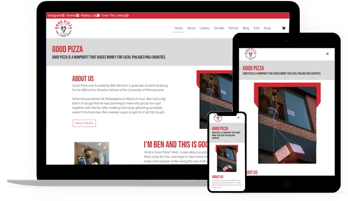 Good Pizza website design shown on desktop, tablet and phone.