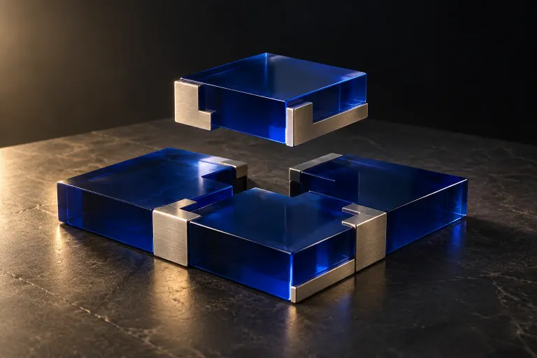 A matching cobalt-blue glass module floating above a gap in an existing sculptural assembly.